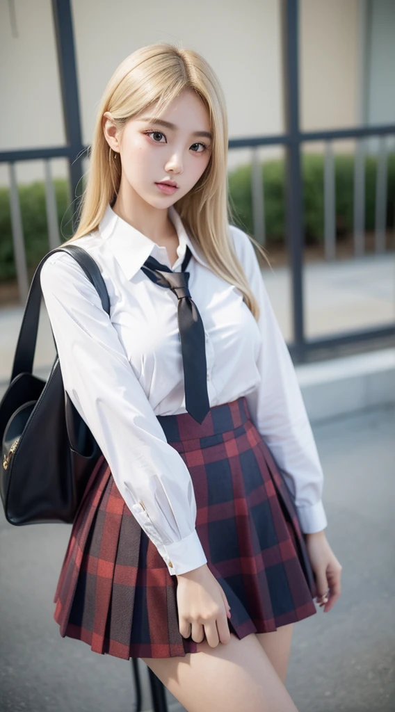 Gray eyes, Korean , Summer shirts, Ribbon Tie, skirt, Bright Blonde, Chest push pose,, 8K original image, high resolution, 16 year old Korean guy is so handsome, round, Full breasts, Beautiful eye details, Long eyelashes, Beautiful double eyelids, Eyeshadow, Eyeliner, Slender eyes, Elongate the eye shape, Three white eyes, Evil smile, Express, Very beautiful and long legs, Beautiful and slender thighs, random hit, hair tied behind the head, earrings,Random Location,Random Direction Photos,Random Clothing,Enlarged breasts