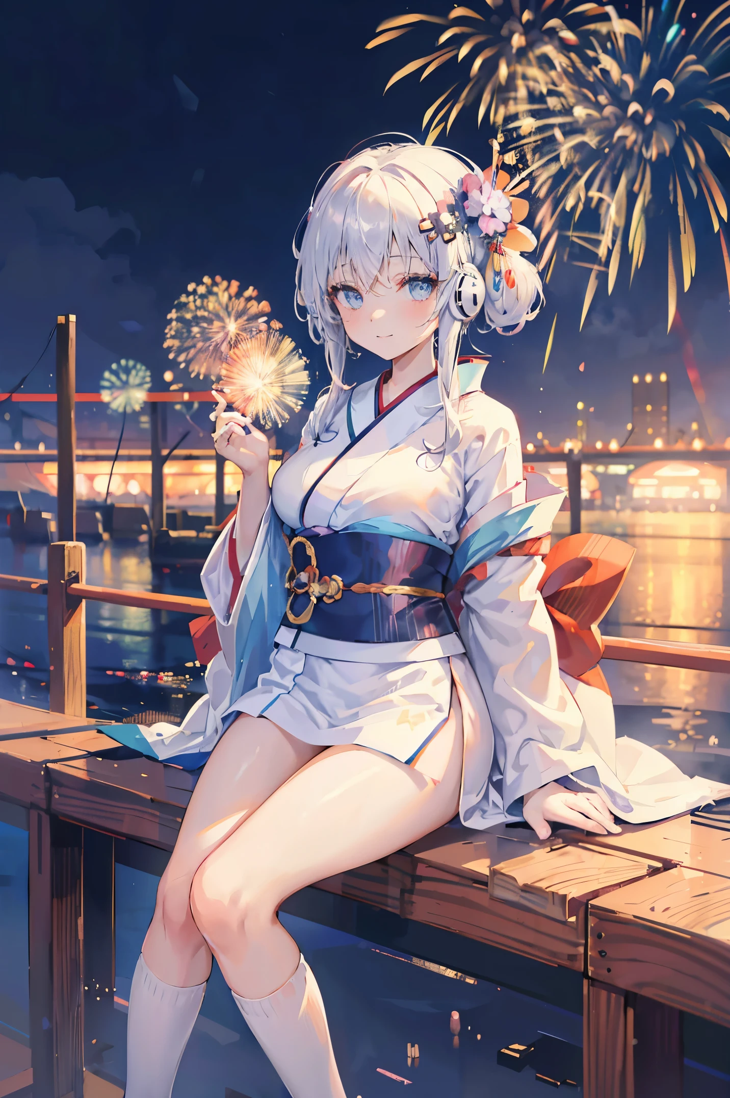 "anime girl, 1 person, silver white hair mixed with black, blue eyes, wearing headphones, women's kimono, same kimono, big breasts, holding cotton candy, long socks, standing cross-legged, shy smile, festival, New Year's Eve fireworks, watch fireworks, solo(full HD Image 4K+)"