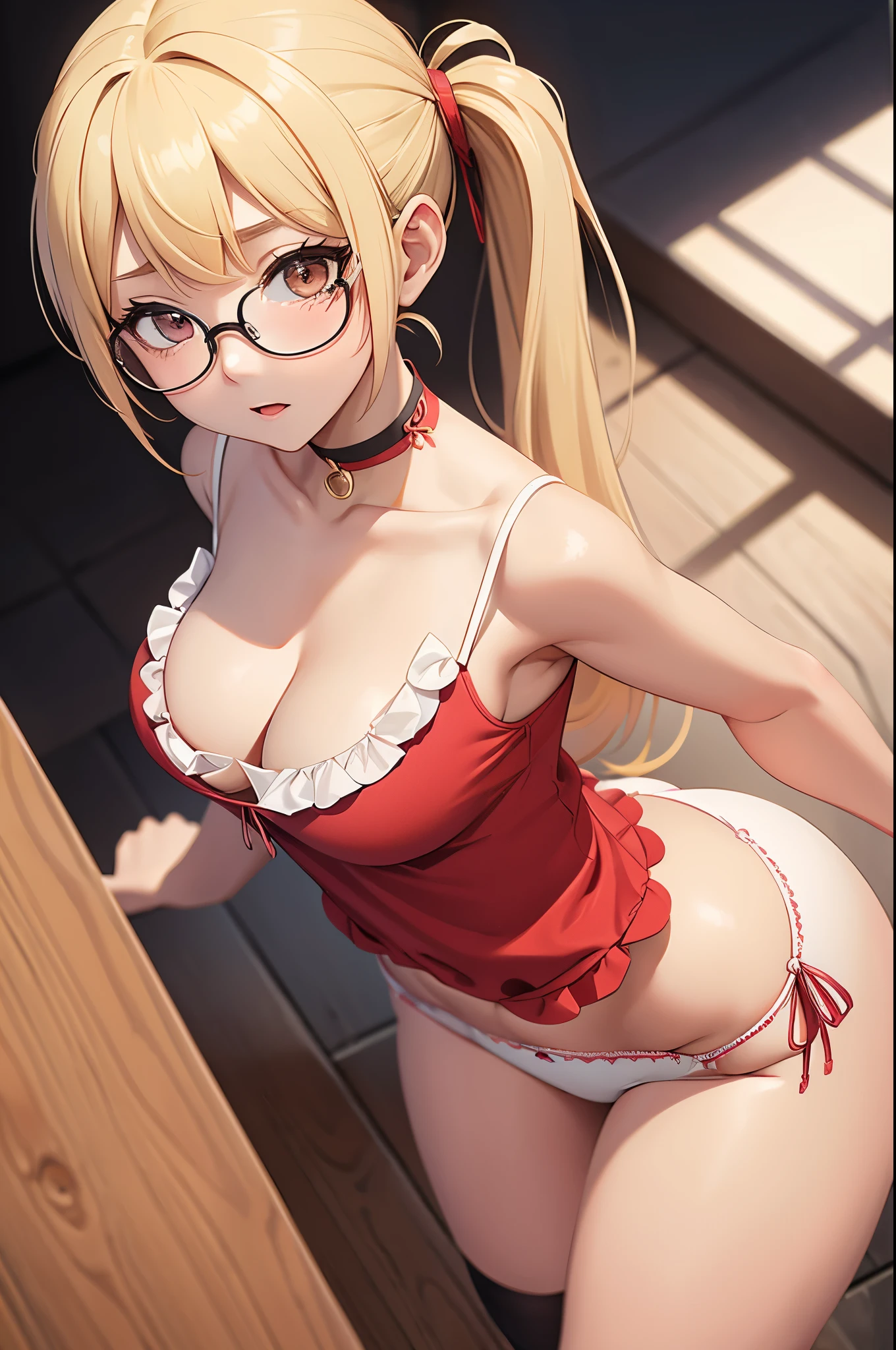 in public, boring, bangs, loli body,  girl, blonde hair tied in a side ponytail, sensual cleavage, red blouse, round breasts, ass facing the viewer, Ultra HD, 4k image, glasses, character close up camera, V panties, sensual panties, white panties with flowers, low waist panties, short 1.3 miniskirt, top view