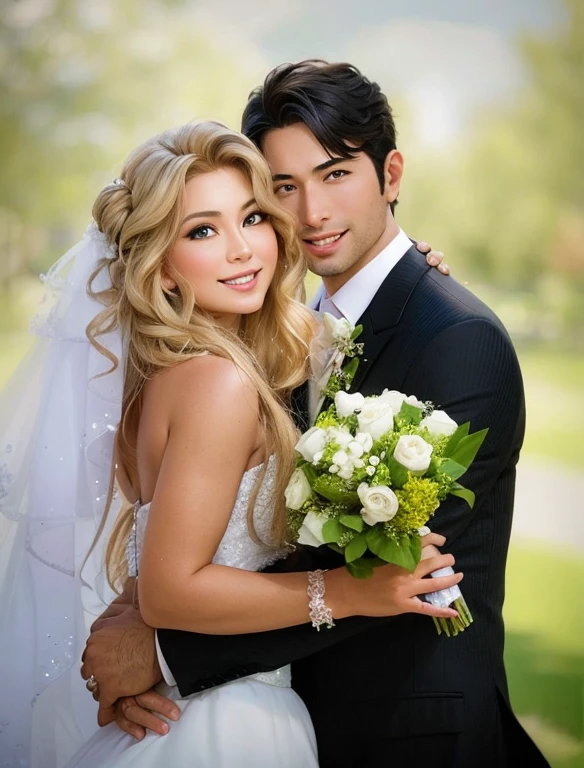 arafed bride and groom posing for a wedding photo, wedding photo, photorealistic!!!!!!! art style, realistic portrait photo, disney photo realistic, photorealistic disney, very realistic, very very realistic, rick dai, very very very realistic, couples portrait, romance novel cover, realism artstyle, handsome stunning realistic, lovely couple, inspired by Tadashi Nakayama