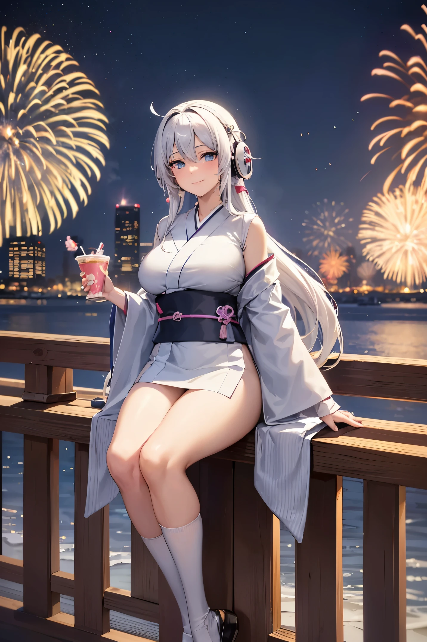 "anime girl, 1 person, silver white hair mixed with black, blue eyes, wearing headphones, women's kimono, same kimono, big breasts, holding cotton candy, long socks, standing cross-legged, shy smile, festival, New Year's Eve fireworks, watch fireworks, solo(full HD Image 4K+)"