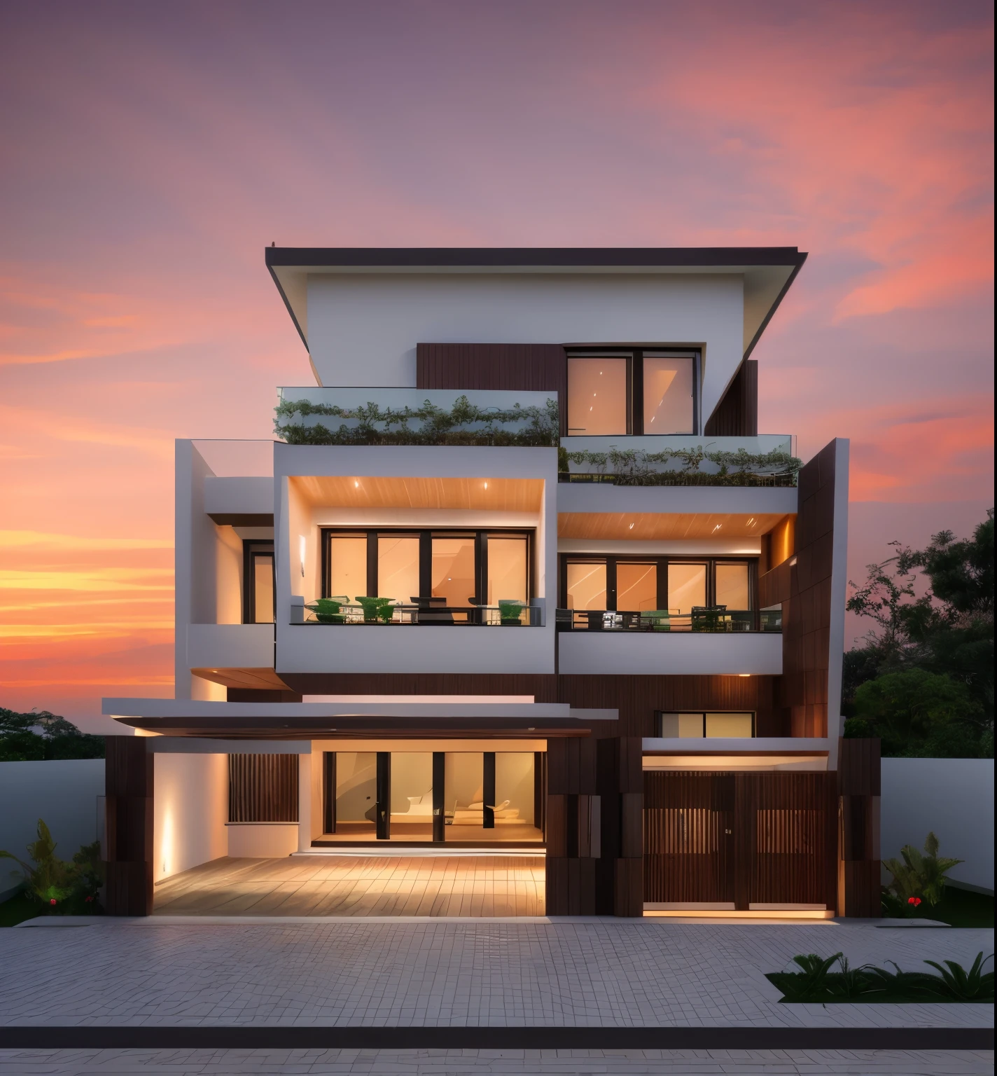 modern villa,exterior villa,sea view,sunset,red sky