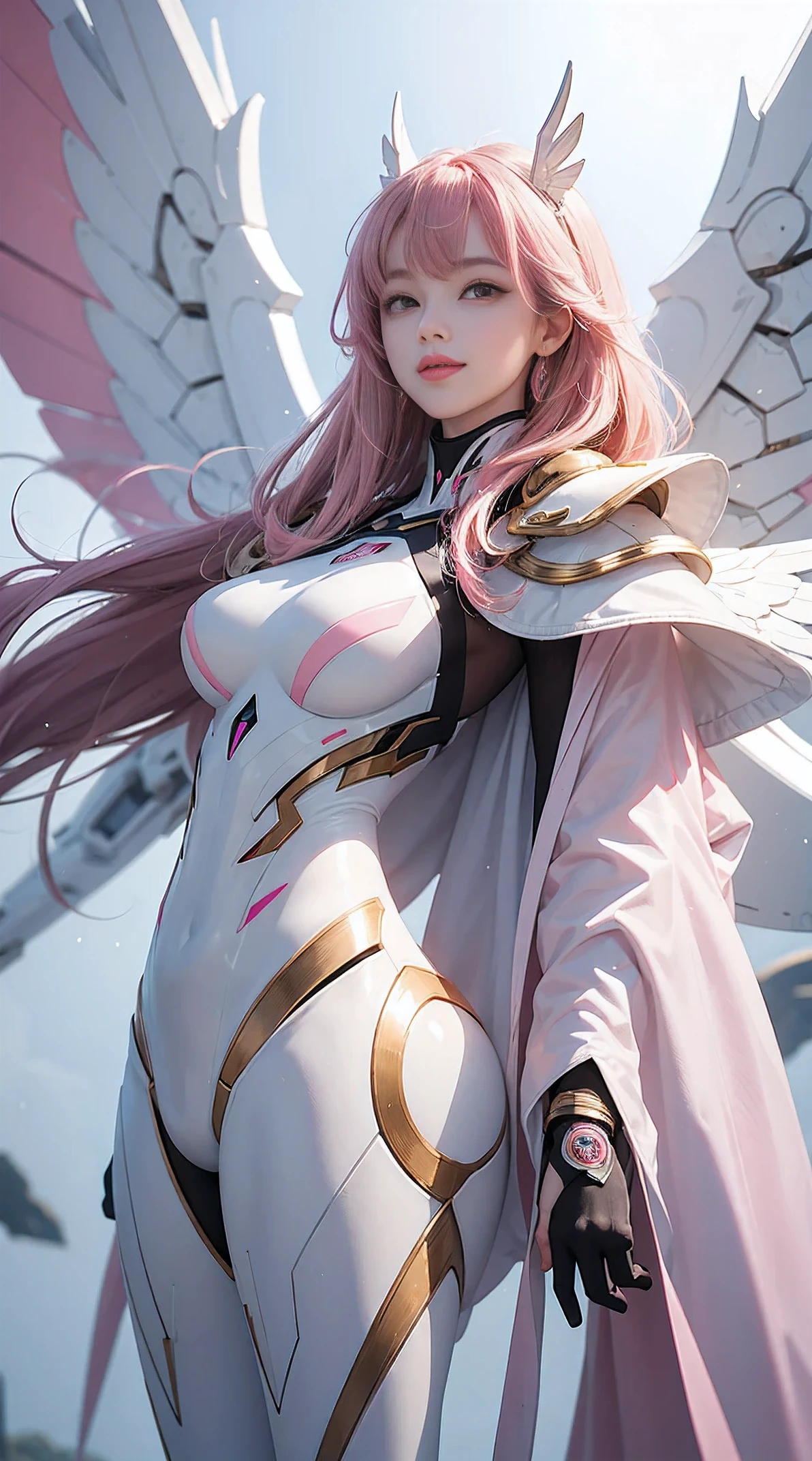 perfect masterpiece, of the highest quality, female mech, White and pink colors, elongated body shape, Wings, Brown eyes, Smile, View from below,