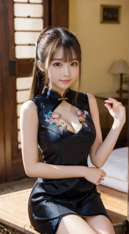 8K、Ultra-precise rendering、Photo Quality(16yo girl、a small face、Extremely beautiful face, natural make up)(fair white skin)(sparkly eyes、)、kawaii faces、Bright smile、、round large chest、Beautiful valley，thin-waist、big butts、Navy blue Chinese dress that shows cleavage，long，((poneyTail))ornamented，Inside the palace((very short mini cheongsam dress、sexy chinese dress、deep cuts on the sides、Intricate and intricate embroidery throughout the body，rhinestone))、((T-back panties))leaning on the sofa、A non-inviting pose、medium-full shot、Knee depth angle、Looking at the camera