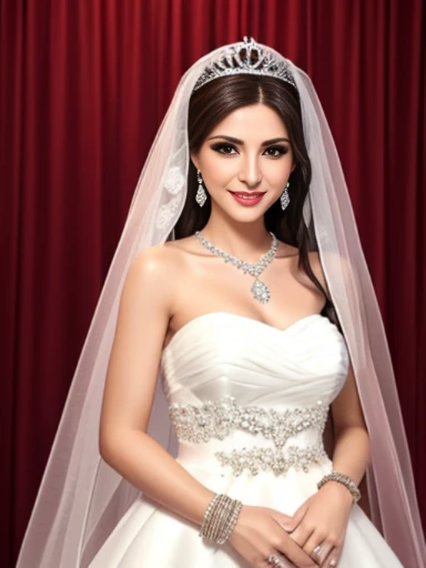 Lebanese lady, earrings, necklace, bracelets, diamonds, 40 years old, strapless wedding dress, tiara and veil, bouquet, western style wedding, bright colors, smokey eyes, red lips, glossy lips, cleavages, small chest, doll lashes, blushing, happy, eyeshadow, smiling