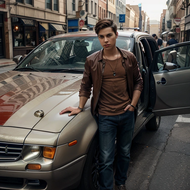 A boy with a car drink red vine street futuris tic Background realistic