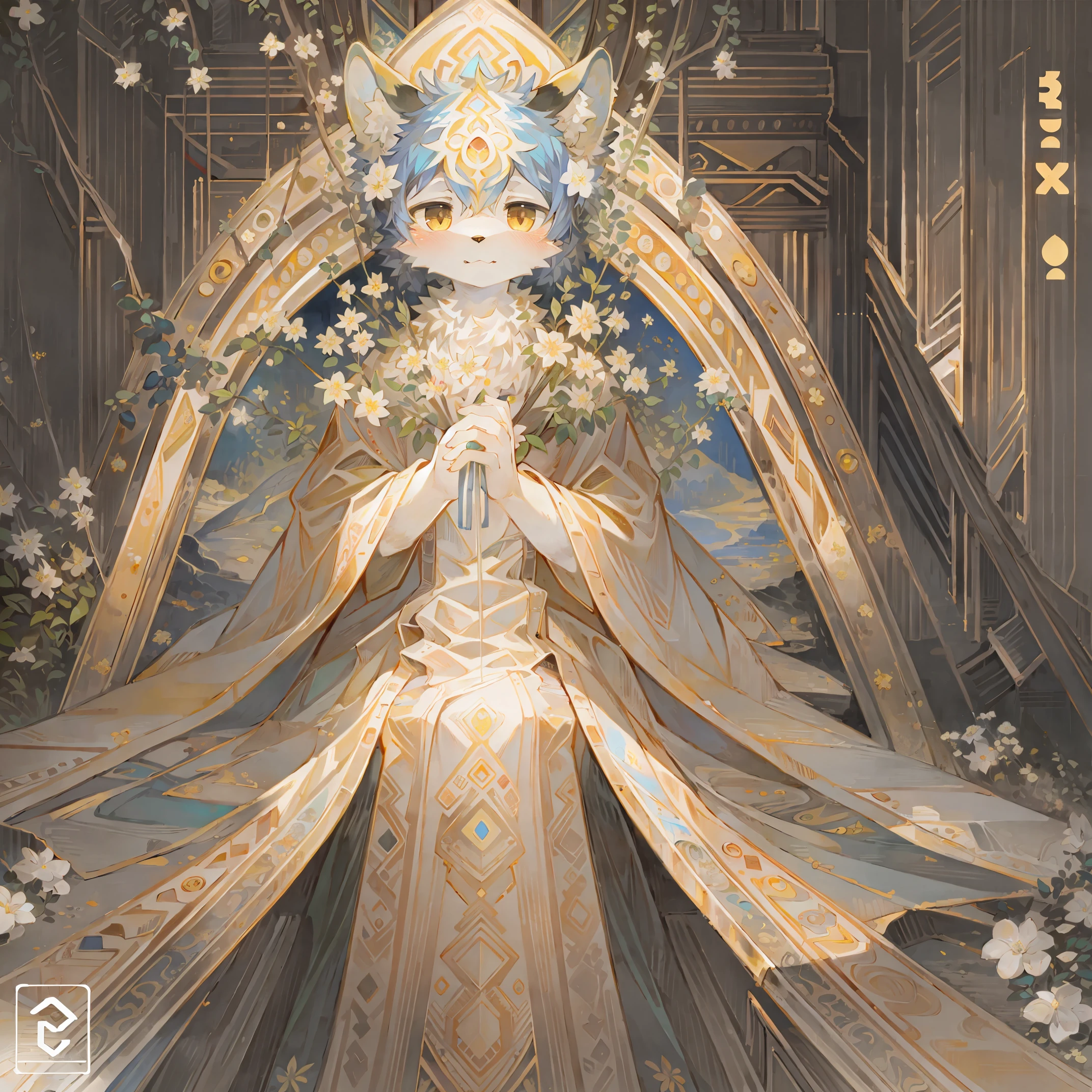 cover_page, highres, top quality, best quality, paid reward available, High-quality illustrations, unparalleled masterpiece, perfect artwork, absurdres, super high resolution, detailed background, logo mark, stamp, Geometric pattern, vector-art, High-quality illustrations by Alfons Mucha, masterpiece(kemono, furry anthro)flower,