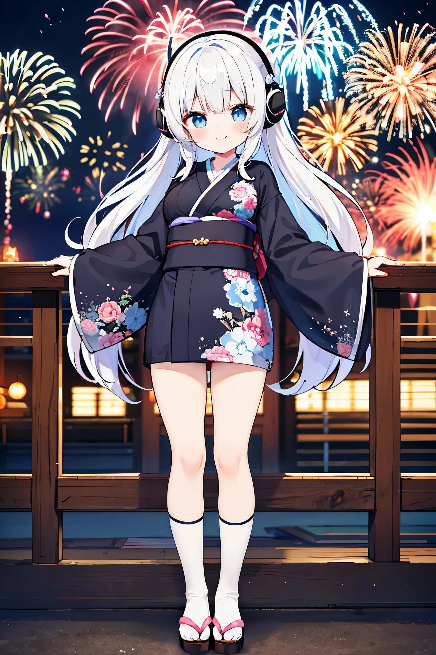 "anime girl, 1 person, silver white hair mixed with black, blue eyes, wearing headphones, women's kimono, same kimono, big breasts, holding cotton candy, long socks, standing cross-legged, shy smile, chibi,full body,festival, New Year's Eve fireworks, watch fireworks, solo(full HD Image 4K+)"