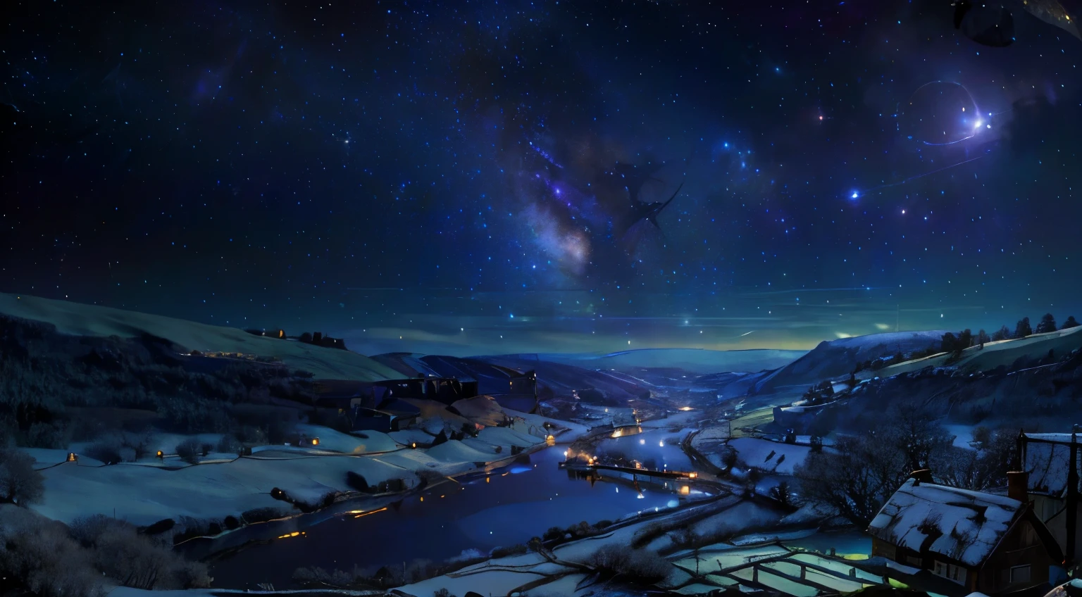 Ultra realistic digital painting of a girl sleeping in her bedroom, located in a quaint village home with windows showing the night sky, tranquil rural setting, rolling green hills in the distance, dark night outside but illuminated by moonlight and stars, inside her quiet bedroom lit by a single lamp, peaceful slumber, strewn books and belongings, cozy atmosphere, beautiful innocent sleeping face, painted sky filled with glittering stars, tranquil, idyllic rural scene, highly detailed textures, cinematic 16:9 aspect ratio digital work of art, by Greg Rutkowski, John Atkinson Grimshaw and Alphonse Mucha.