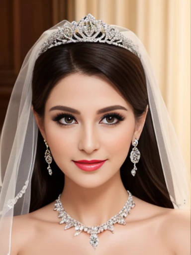 Lebanese lady, earrings, necklace, bracelets, diamonds, 40 years old, strapless wedding dress, tiara and veil, bouquet, western style wedding, bright colors, smokey eyes, red lips, glossy lips, cleavages, small chest, doll lashes, blushing, happy, eyeshadow, smiling