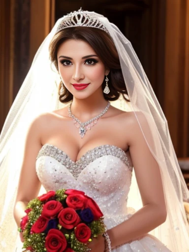 Lebanese lady, earrings, necklace, bracelets, diamonds, 40 years old, strapless wedding dress, tiara and veil, bouquet, western style wedding, bright colors, smokey eyes, red lips, glossy lips, cleavages, small chest, doll lashes, blushing, happy, eyeshadow, smiling