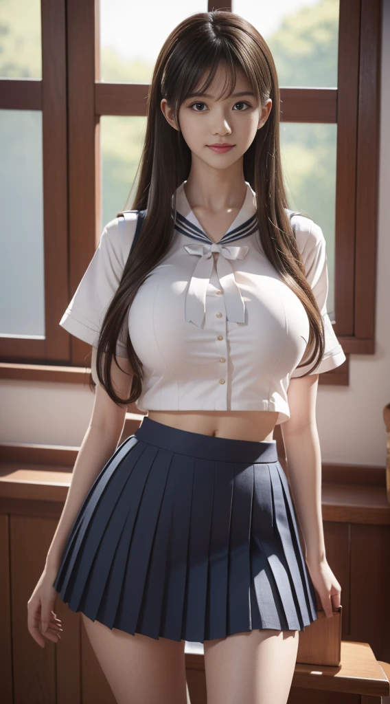 a close up of a woman in a skirt and shirt posing, seductive girl, perfect body, ((big breast big hips)), detailed body, hyperrealistic schoolgirl, sakimichan frank franzzeta, a hyperrealistic schoolgirl, sakimichan, revealing outfit, sexy outfit, intriguing outfit, blonde goddess, realistic schoolgirl, range murata and artgerm, very sexy outfit