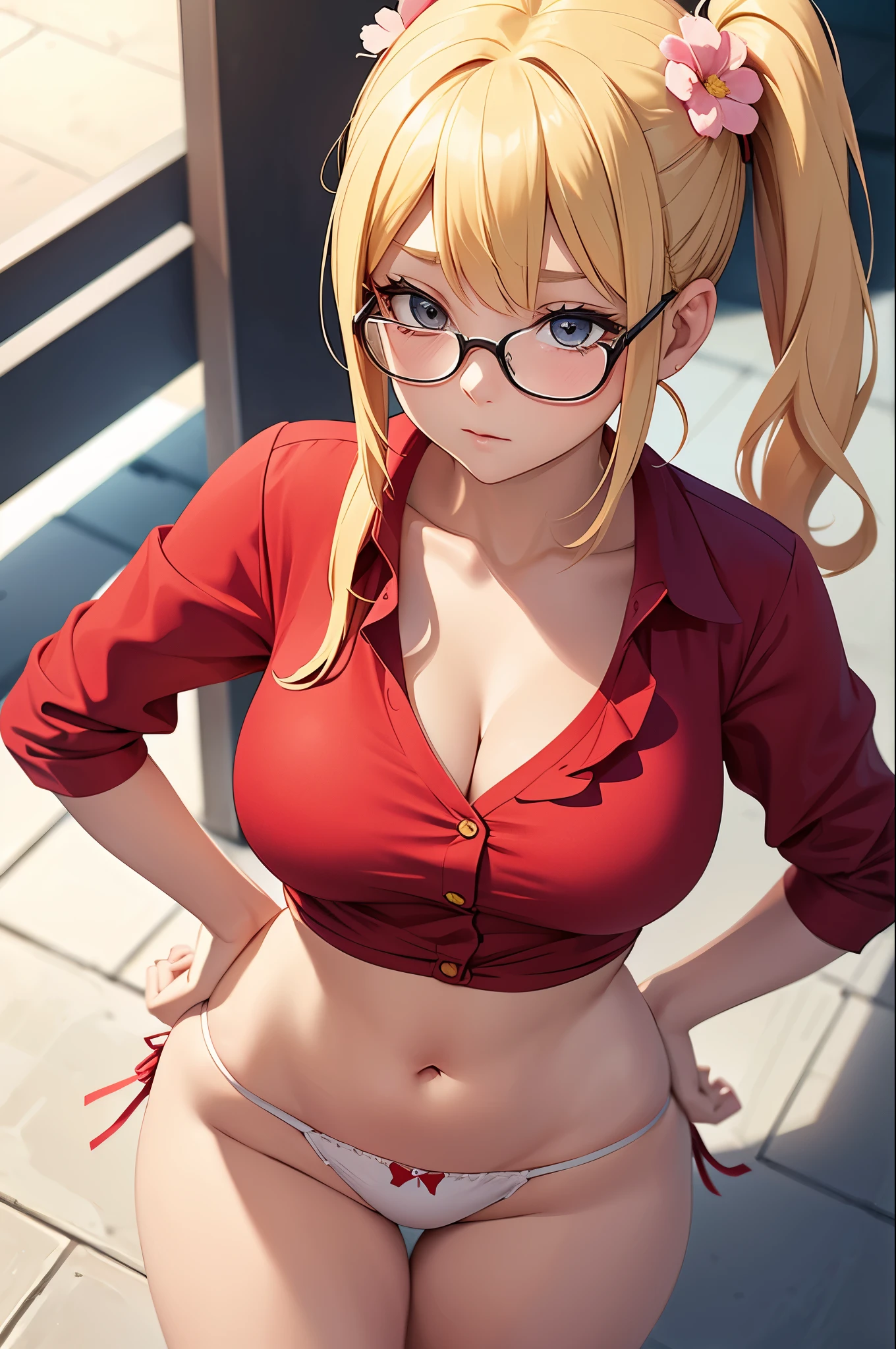 in public, boring, bangs, loli body,  girl, blonde hair tied in a side ponytail, sensual cleavage, red blouse, round breasts, ass facing the viewer, Ultra HD, 4k image, glasses, character close up camera, V panties, sensual panties, white panties with flowers, low waist panties, short 1.3 miniskirt, top view