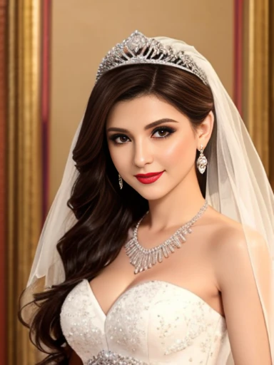 Lebanese lady, earrings, necklace, bracelets, diamonds, 40 years old, strapless wedding dress, tiara and veil, bouquet, western style wedding, bright colors, smokey eyes, red lips, glossy lips, cleavages, small chest, doll lashes, blushing, happy, eyeshadow, smiling