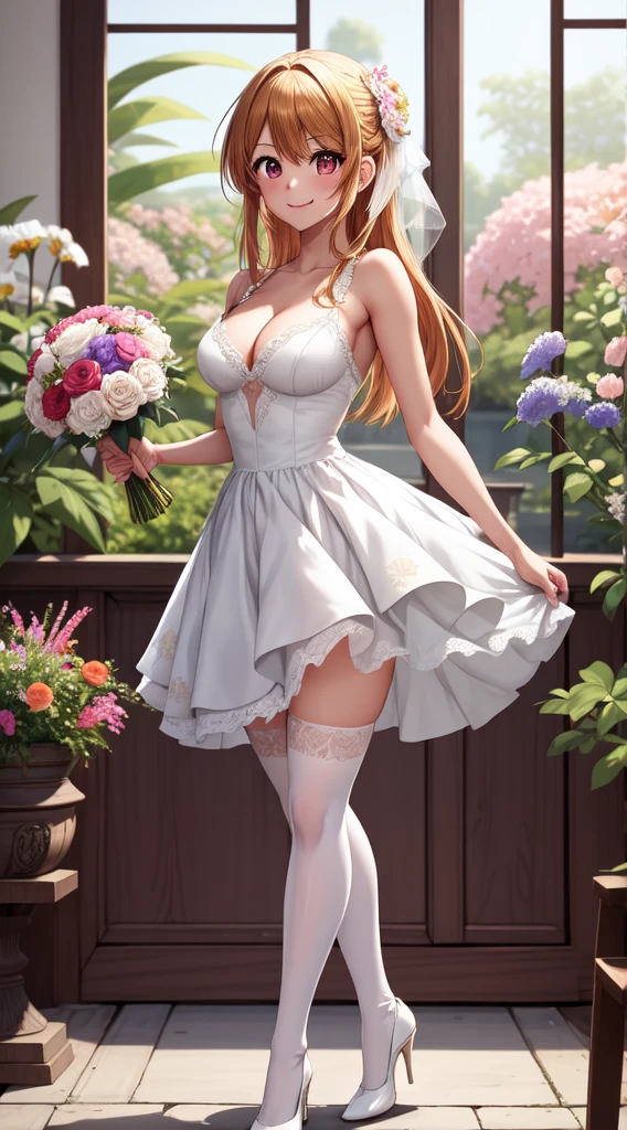 anime, beautiful face, highly detailed face, 2 accurate legs detailed eyes, highly detailed background, perfect lighting, accurate arms, accurate hands, accurate fingers, full body, 1girl, solo, ruby hoshino, oshi no ko, indoors, detailed heels, white detailed thighhighs, outdoor, ina garden of flowers, absurdres, high res, ultrasharp, 8K, masterpiece, looking at viewer, elegant pose, (full body:1.4), smiling with compassion, teasing smile, detailed dress, patterned wedding dress, cleavage, standing, holding a bouquet of flowers in both hands
