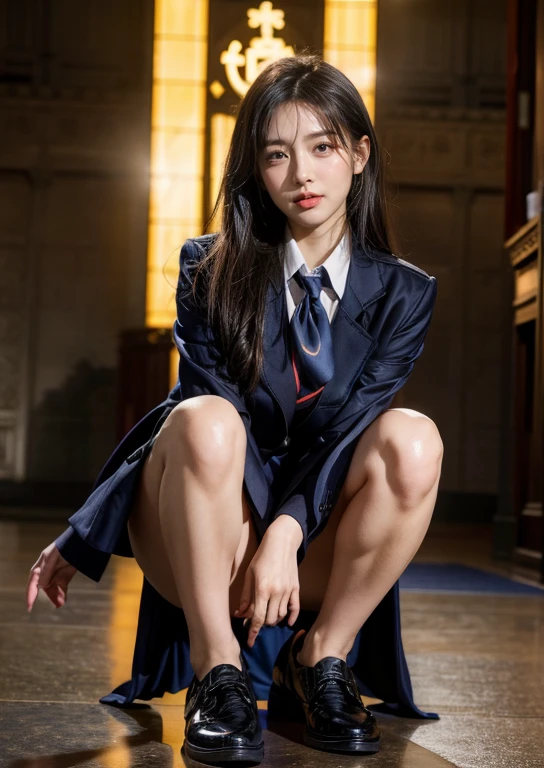 Urzan-6500-V1.1, (RAW photogr:1.2), (realisticlying:1.4), Beautiful Meticulous Girl, The is very detailed eyes and face, 美丽詳細な目, （Wet crotch:1.5）露出white colors，white colors,absurd res, Extremely ridiculous, The file size is huge, （Super fine wet ）, A high resolution, The is very detailed, Best quality at best, On the table, ((Tong)), illustratio, The is very detailed, north african free trade area, unified, 8k wallpaper, Amazing Cleavage, finedetail, On the table, Best quality at best, 高度详细的股票unified8k wallpaper, facelight, 电影灯光, 1 girl in, 16 yaers old, ((dynamicposes))), (camel's toes), (halfway), （ jail cell:1.6)、1 woman、、(Super beautiful police officer)、(beauitful face:1.5)、(A detailed的the face:1.5)、(詳細な目)、(詳細な唇)、(detailed nose)、(Dark Blue Mini Skirt:1.2)、(deep blue jacket:1.2)、(Dark blue tie)、(white  shirt)、(Uniform and black shoes:1.5)、(Bare legged:1.2)、(at san francisco fashion week:1.5)