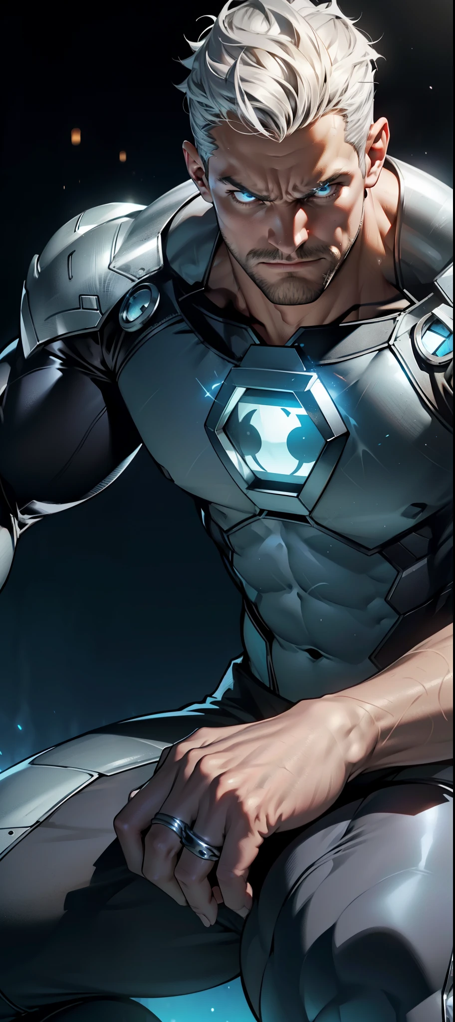 An award-winning original photo, angry roar, A wild muscular man, (30 years old man:1.3), 1boy, Solo, (wearing a (silver lantern) metal suit), (glowing silver ring on a finger), spikes, neon stripes, white hair, (big shoulder), muscular, hunk, stubbles, Short beard, (Detailed face:1.3), (beautiful eyes:1.2), really angry, Dynamic Angle, volumetric lighting, (Best quality, A high resolution, Photorealistic), Cinematic lighting, Masterpiece, RAW photo, Intricate details, hdr, depth of field, knee-up shot, space background