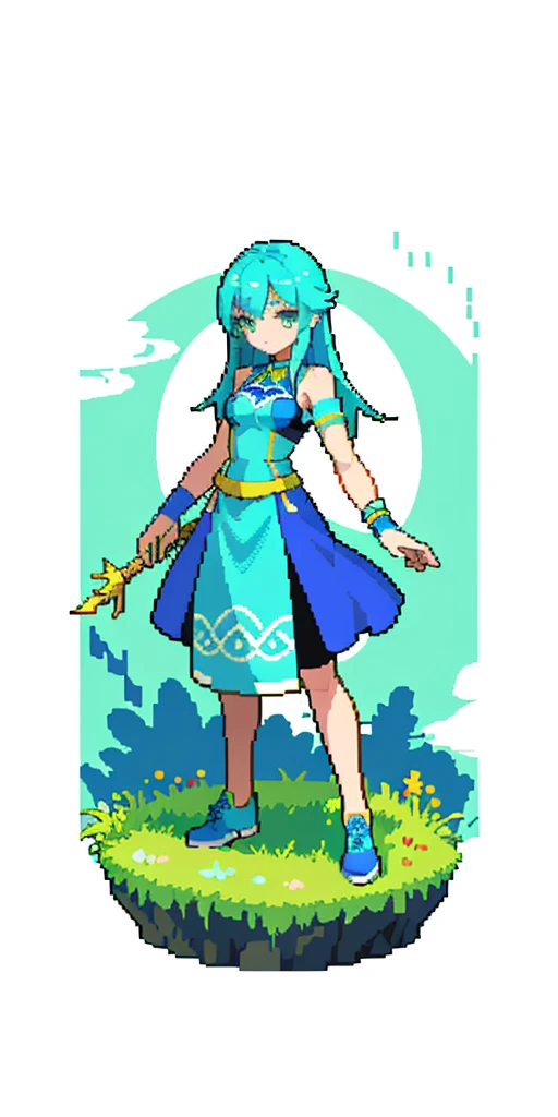 masterpiece, top quality, best quality), pixel,pixel art, 1 girl, aqua, fullbody, Cyprinid