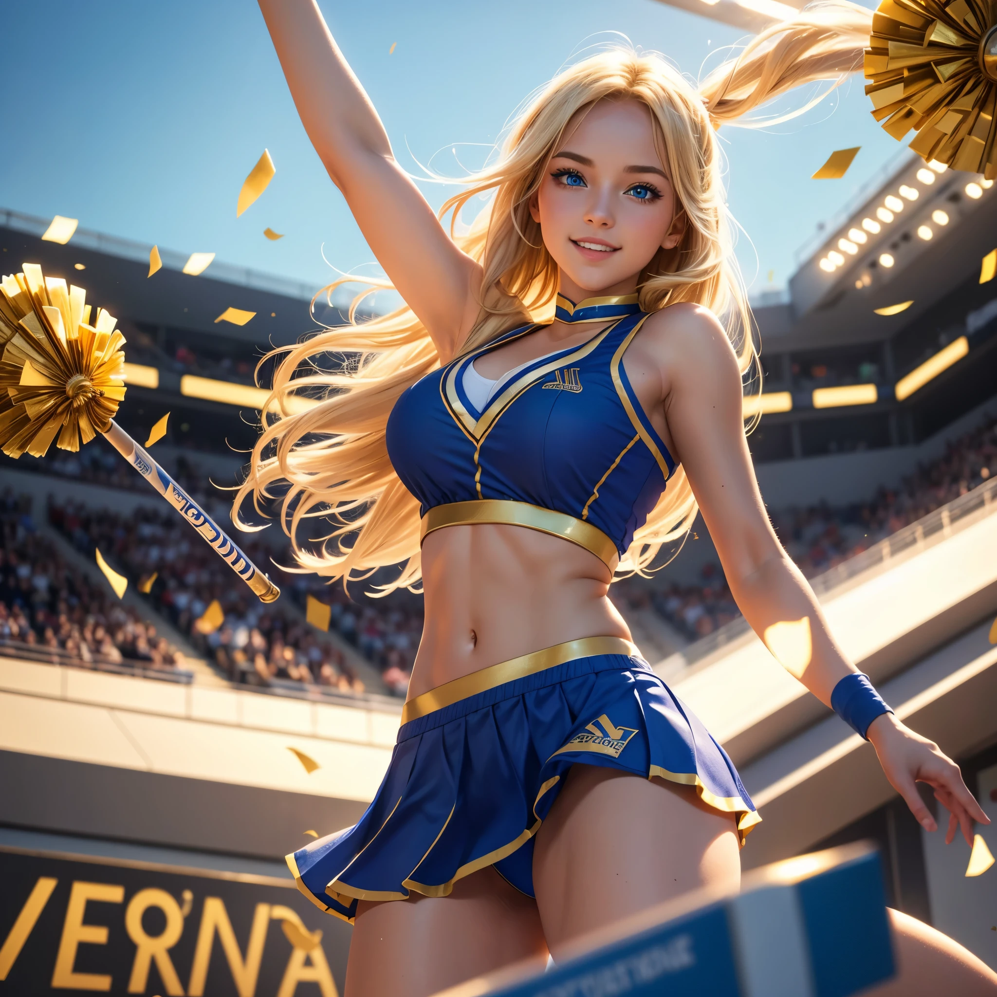 (best quality,4k,8k,highres,masterpiece:1.2),ultra-detailed, 1girl, Greek Goddess Aphrodite as a college student, wearing a blue cheerleader uniform with gold accents, blond hair, blue eyes, leaping into the air, from the sidelines of a match, chearful smile on her face, HDR, 8k, absurdres, cinestill 800, sharp focus