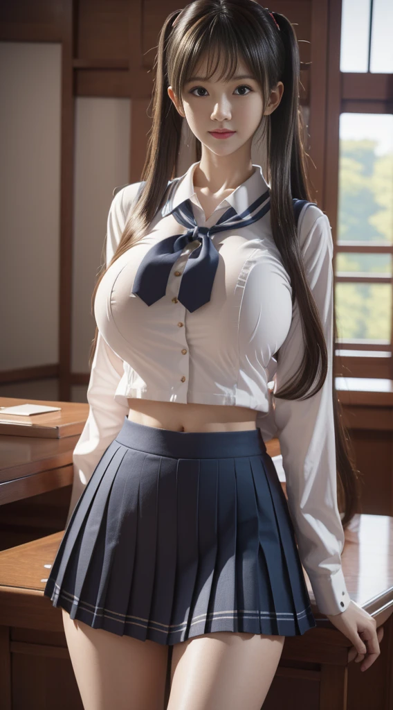 a close up of a woman in a skirt and shirt posing, seductive girl, perfect body, ((big breast, big hips)), detailed body, pigtail hair, hyperrealistic schoolgirl, sakimichan frank franzzeta, a hyperrealistic schoolgirl, sakimichan, revealing outfit, sexy outfit, intriguing outfit, blonde goddess, realistic schoolgirl, range murata and artgerm, very sexy outfit
