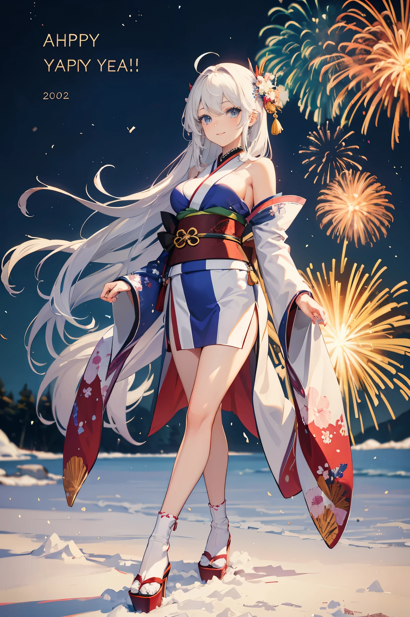 "anime girl, 1 person, silver white hair mixed with black, blue eyes, wearing headphones, wearing kimono, women's kimono, kimono uniform, detailed designed outfit, big breasts, holding cotton candy, long socks,  standing cross-legged, smiling shyly, looking from many directions, festivals, New Year's Eve fireworks, watching fireworks, solo(full HD Image 4K+)"