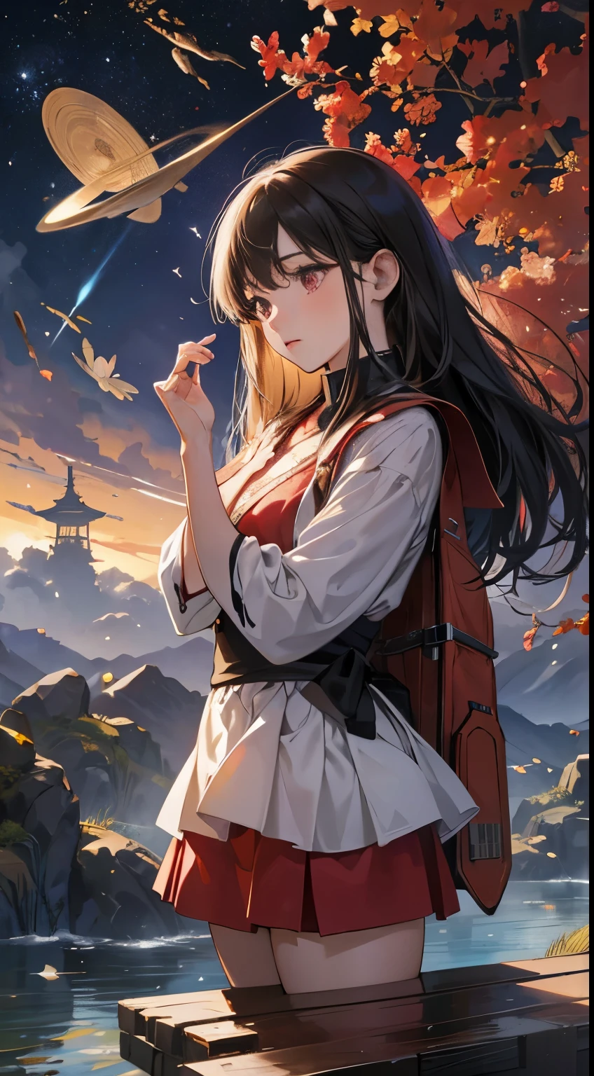 Ayano Imai, Pieter Bruegel the Elder, Surreal, mysterious, bizarre, fantastical, fantasy, Sci-fi, Japanese anime, cosmological natural history, the glittering transparent celestial sphere of Aristotle, the imaginary time universe creation model, fragments of dreams are scattered, astronomy, physics, philosophy, religion, miniskirt beautiful girl looking at the stars, perfect voluminous body, detailed masterpiece