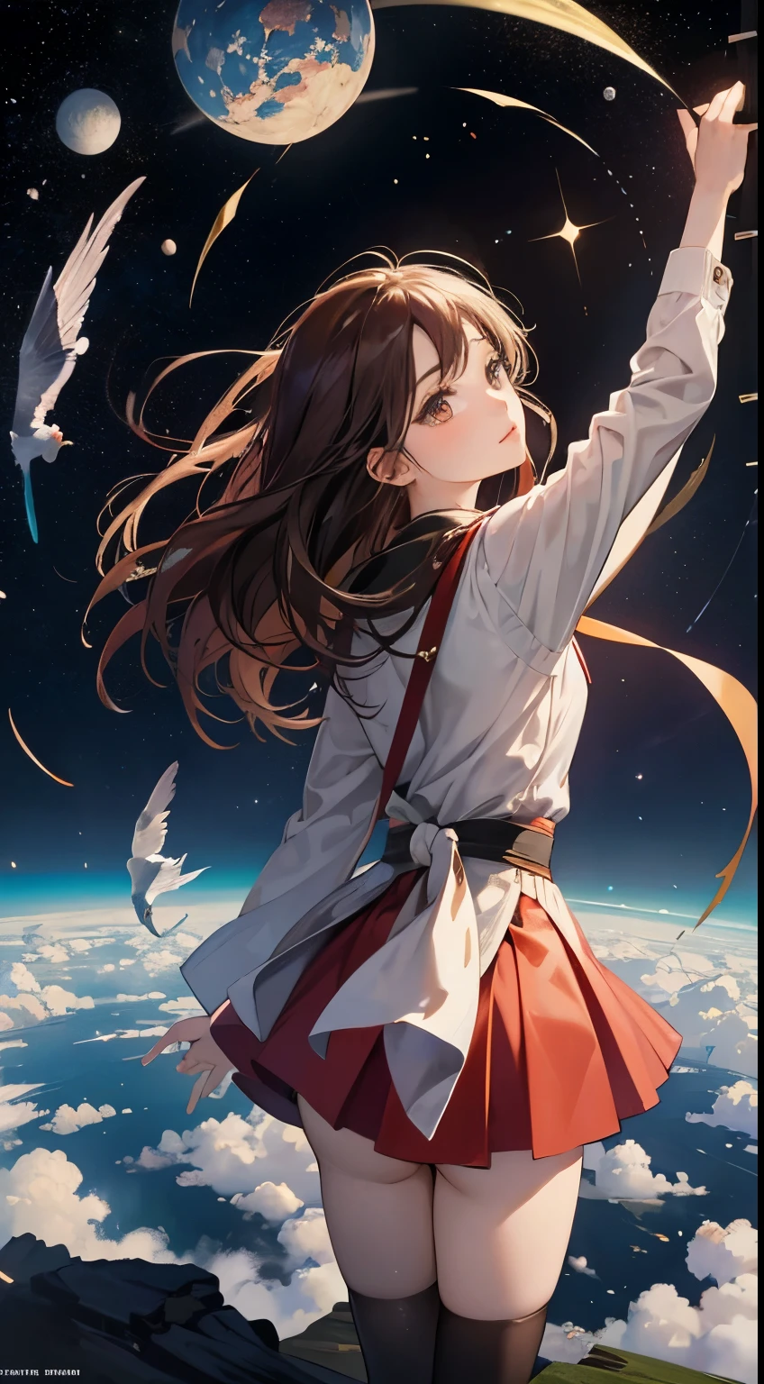 Ayano Imai, Pieter Bruegel the Elder, Surreal, mysterious, bizarre, fantastical, fantasy, Sci-fi, Japanese anime, cosmological natural history, the glittering transparent celestial sphere of Aristotle, the imaginary time universe creation model, fragments of dreams are scattered, astronomy, physics, philosophy, religion, miniskirt beautiful girl looking at the stars, perfect voluminous body, detailed masterpiece