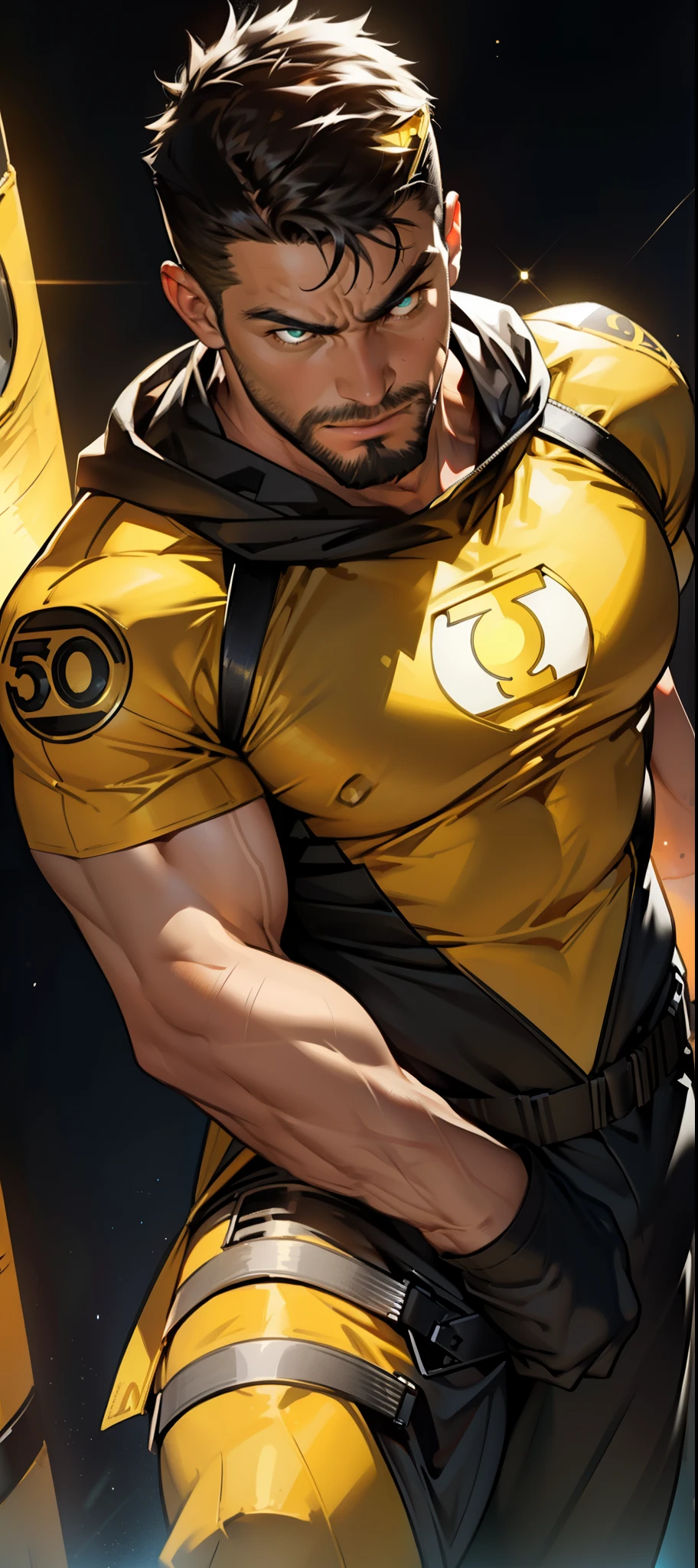 An award-winning original photo，A wild muscular man, (30 years old man:1.3), 1boy, Solo, (wearing a (yellow lantern) metal suit), (yellow ring on a finger), spikes, neon stripes, black hair, (big shoulder), muscular, hunk, stubbles, Short beard, (Detailed face:1.3), (beautiful eyes:1.2), really angry, Dynamic Angle, volumetric lighting, (Best quality, A high resolution, Photorealistic), Cinematic lighting, Masterpiece, RAW photo, Intricate details, hdr, depth of field, knee-up shot, in space background