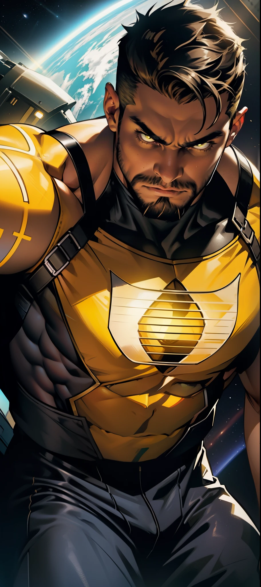 An award-winning original photo，A wild muscular man, (30 years old man:1.3), 1boy, Solo, (wearing a (yellow lantern) metal suit), (yellow ring on a finger), spikes, neon stripes, black hair, (big shoulder), muscular, hunk, stubbles, Short beard, (Detailed face:1.3), (beautiful eyes:1.2), really angry, Dynamic Angle, volumetric lighting, (Best quality, A high resolution, Photorealistic), Cinematic lighting, Masterpiece, RAW photo, Intricate details, hdr, depth of field, knee-up shot, in space background