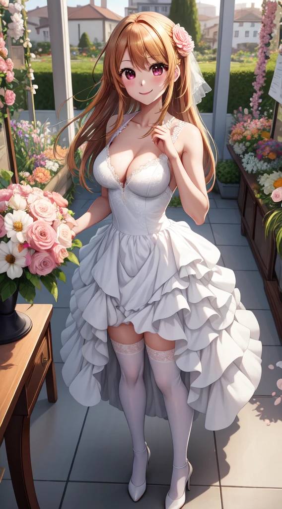 anime, beautiful face, highly detailed face, 2 accurate legs detailed eyes, highly detailed background, perfect lighting, accurate arms, accurate hands, accurate fingers, full body, 1girl, solo, ruby hoshino, oshi no ko, indoors, detailed heels, white detailed thighhighs, outdoor, ina garden of flowers, absurdres, high res, ultrasharp, 8K, masterpiece, looking at viewer, elegant pose, (full body:1.4), smiling with compassion, teasing smile, detailed dress, patterned wedding dress, cleavage, standing, holding a bouquet of flowers in onehand