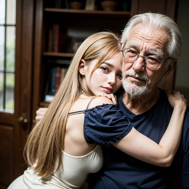 Mulher jovem e linda com homem velho, old man hugging woman from behind