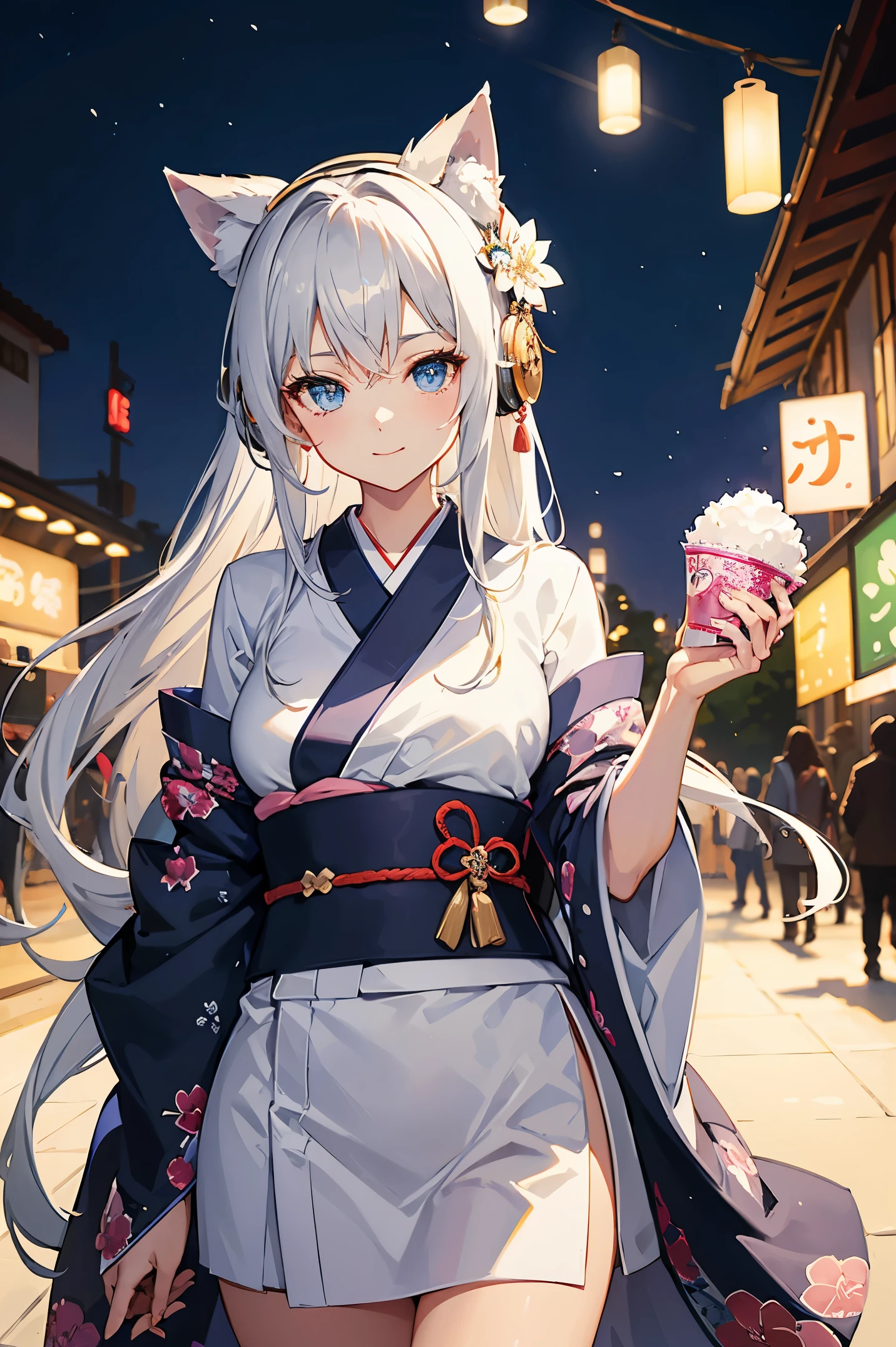 "anime girl, 1 person, silver white hair mixed with black, blue eyes, wearing headphones, wearing kimono, women's kimono, kimono uniform, detailed designed outfit, big breasts, holding cotton candy, long socks,  standing cross-legged, smiling shyly, looking from many directions, night, festival, New Year's Eve fireworks, watching fireworks, solo(full HD Image 4K+)"