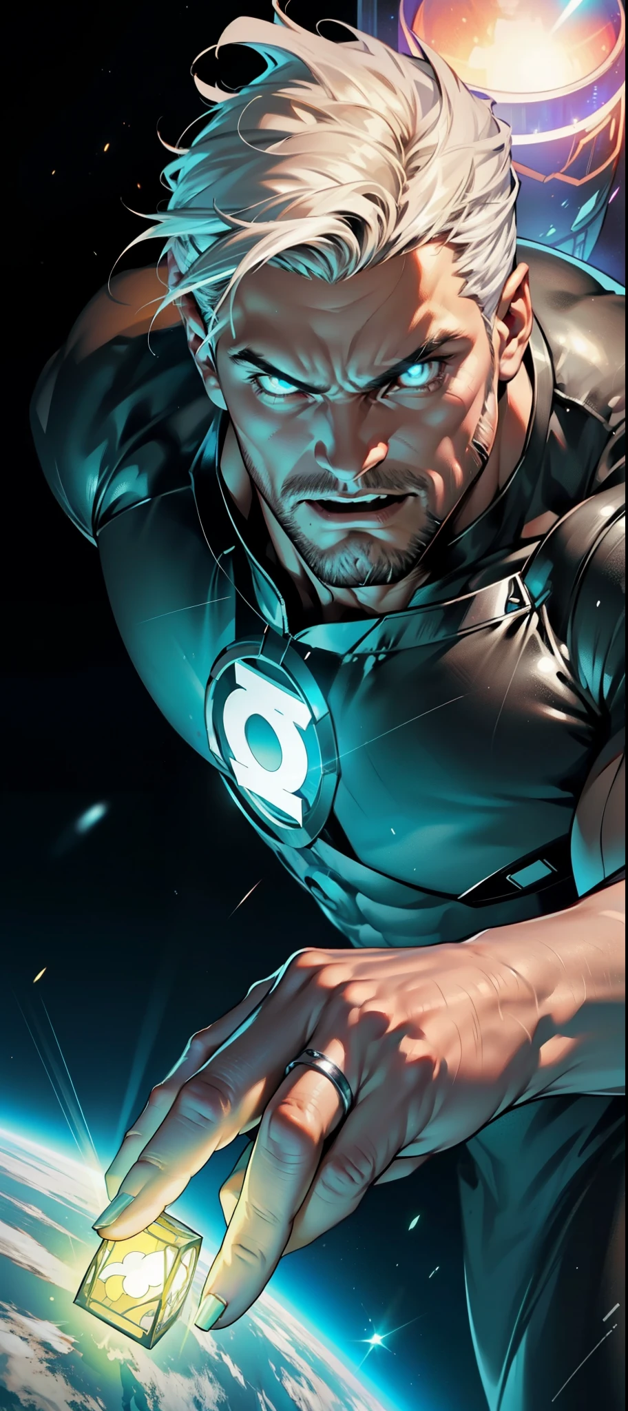 An award-winning original photo, angry roar, A wild muscular man, (30 years old man:1.3), 1boy, Solo, (wearing a (silver lantern) metal suit), (glowing silver ring on a finger), spikes, neon stripes, white hair, (big shoulder), muscular, hunk, stubbles, Short beard, (Detailed face:1.3), (beautiful eyes:1.2), really angry, Dynamic Angle, volumetric lighting, (Best quality, A high resolution, Photorealistic), Cinematic lighting, Masterpiece, RAW photo, Intricate details, hdr, depth of field, knee-up shot, in space background, beautiful cosmos, energy strands around body