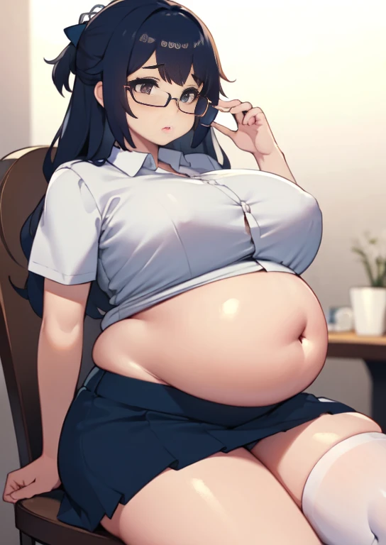 (masterpiece, best quality), 1girls, big belly, blurry background, huge belly, art by kipteitei, round belly, chubby, curvy, white button-up shirt, skirt, thighhighs, simple_background, gradient_background, belly bursting out of shirt, belly grab, enormous belly, fat belly, thicc, bigger belly, sitting on chair, really big belly, jiggly belly, shirt covering belly, belly cover by shirt, glasses