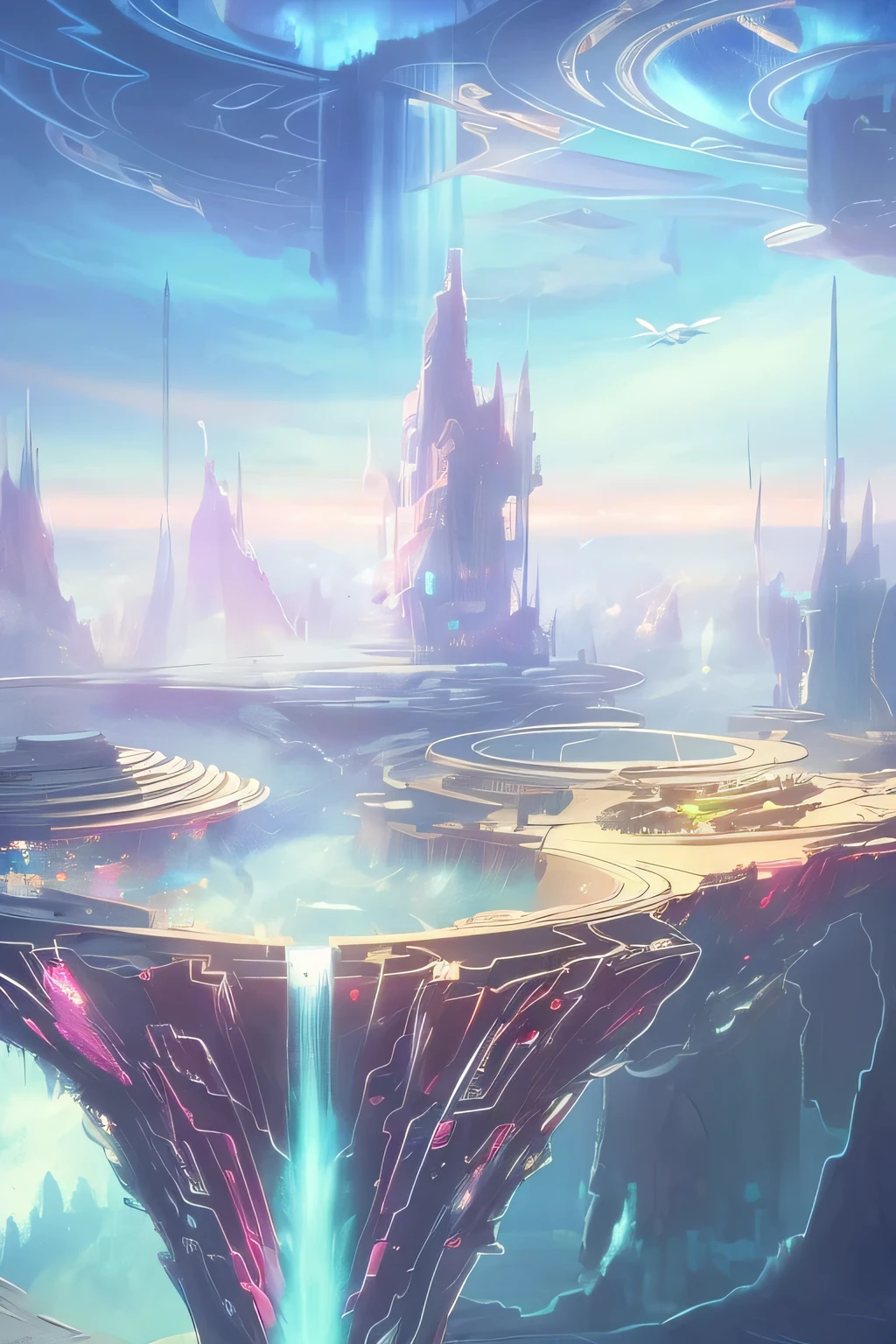 circular platform floating in the air，Cyberpunk style futuristic city anime style painting in the middle of waterfall, epic fantasy sci fi illustration, Sci-fi fantasy wallpaper, Impressive fantasy scenery, futuristic utopian fantasy, epic dreamlike fantasy landscape, Mysterious sci-fi concept art, unreal engine fantasy art, detailed fantasy digital art, wide angle fantasy art, futuristic setting, Symmetrical Fantasy Landscape, futuristic palace，Color pink blue green