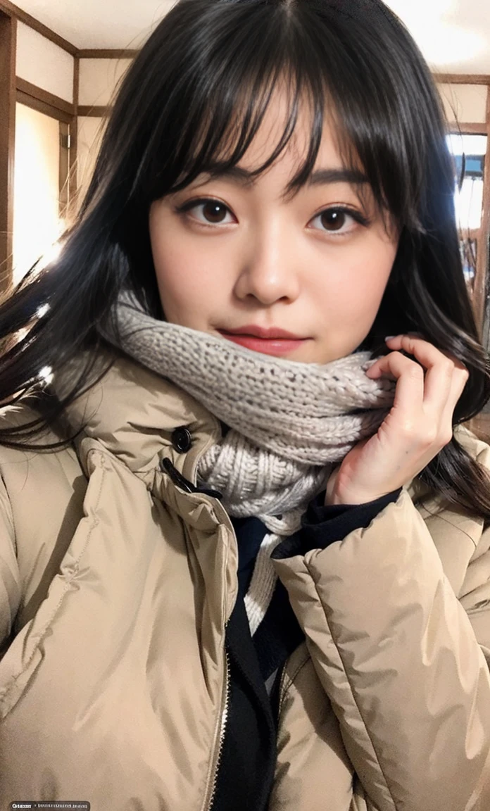 ulzzang -6500-v1.1, (Raw foto:1.2), (Photorealsitic:1.4), a beautiful detailed girl, ighly detailedな目と顔, beatiful detailed eyes, Ridiculous, unbelievable Ridiculous, huge filesize, ultra-detailliert, hight resolution, ighly detailed, top-quality, ​masterpiece, Kemomimi, ((bury your face in your scarf)), (((Japan schoolgirl uniform))), ((black puffy down jacket)), illustratio, ighly detailed, nffsw, unification, 8k wallpaper, astonishing, finely detail, ​masterpiece, top-quality, Highly detailed ticker uniform 8K wallpaper, face lights、Cinematographic lighting、1girl in、20yr old、((Fulll body Shot))