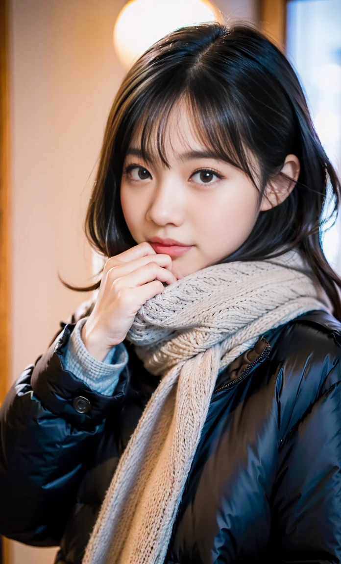 ulzzang -6500-v1.1, (Raw foto:1.2), (Photorealsitic:1.4), a beautiful detailed girl, ighly detailedな目と顔, beatiful detailed eyes, Ridiculous, unbelievable Ridiculous, huge filesize, ultra-detailliert, hight resolution, ighly detailed, top-quality, masterpiece, Kemomimi, ((bury your face in your scarf)), (((Japan schoolgirl uniform))), ((black puffy down jacket)), illustratio, ighly detailed, nffsw, unification, 8k wallpaper, astonishing, finely detail, masterpiece, top-quality, Highly detailed ticker uniform 8K wallpaper, face lights、Cinematographic lighting、1girl in、20yr old、((Fulll body Shot))