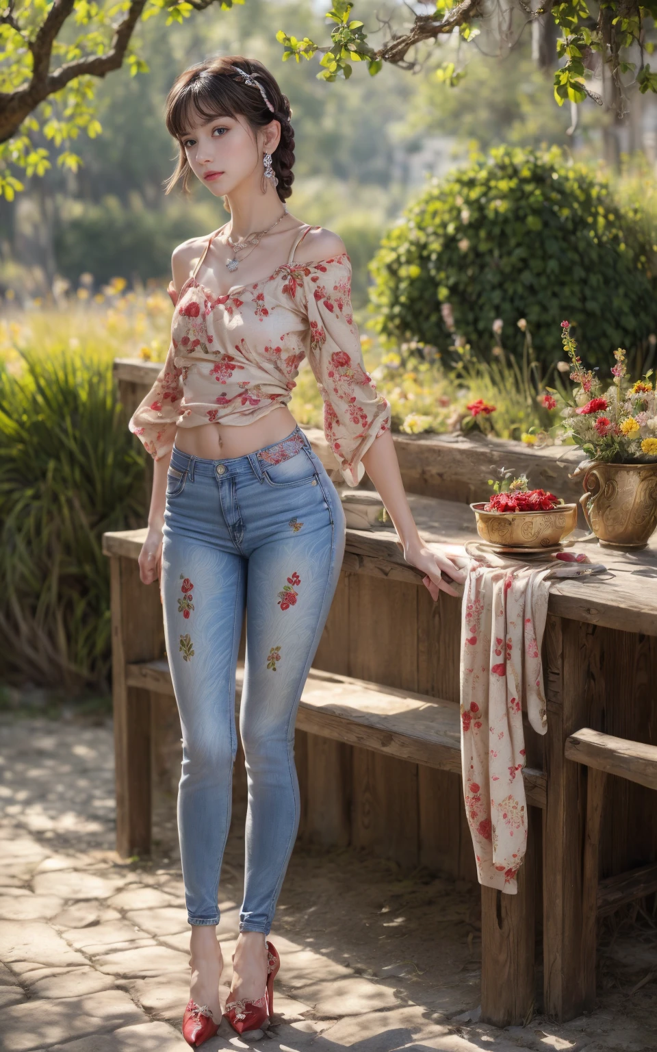 (8K, Masterpiece, RAW photo, Best quality, detail:1.3), (ultra realistic Natural background, scenary:1.5), Depth of field, Cinematic light, (ultra realistic face), (1 picture of 1 solo girl Airim Jones:1.6), 1girl, (Beautiful and elegant Russian girl), (skinny girl with glasses), (European face:1.3), (perfect complete full body:1.6), (full body shot including shoes:1.6), (perfect [frontal view|side profile|back profile]:1.5), (small necklace, collarbone:1.1), ( [bangs|pigtails|bob|pixie] hair:1.5), (ultra detailed skin:1.4), (sexy red minitop:1.5), (soft fabric miniTop:1.5), (Floral Print Jeans:1.6), (perfect standing pose:1.5), (perfect long legs:1.35), (low rise jeans:1.5), (low waisted jeans:1.5), (perfect shoes:1.5), (perfect feet:1.5), (perfect oriented feet:1.4)