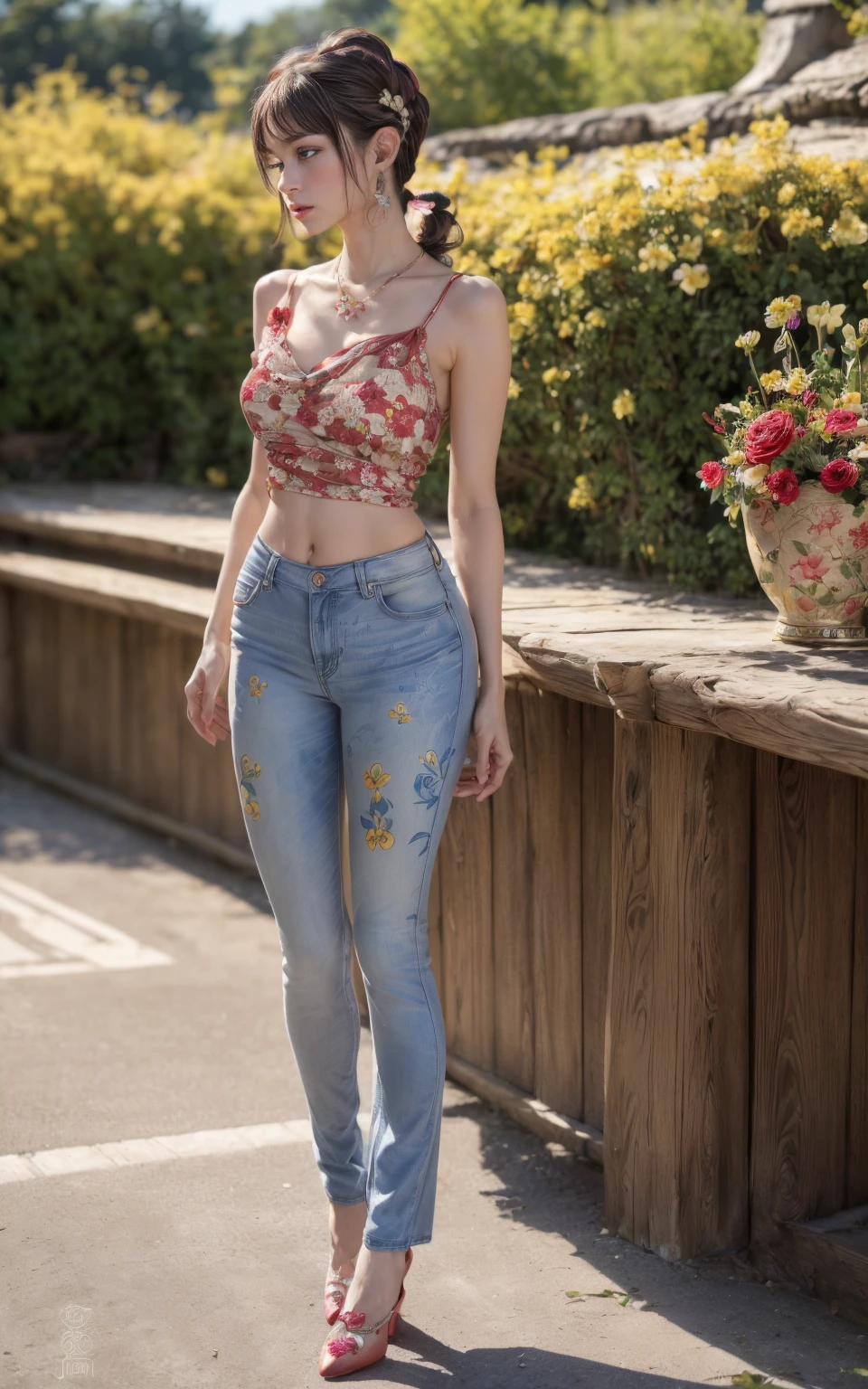 (8K, Masterpiece, RAW photo, Best quality, detail:1.3), (ultra realistic Natural background, scenary:1.5), Depth of field, Cinematic light, (ultra realistic face), (1 picture of 1 solo girl Airim Jones:1.6), 1girl, (Beautiful and elegant Russian girl), (skinny girl with glasses), (European face:1.3), (perfect complete full body:1.6), (full body shot including shoes:1.6), (perfect [frontal view|side profile|back profile]:1.5), (small necklace, collarbone:1.1), ( [bangs|pigtails|bob|pixie] hair:1.5), (ultra detailed skin:1.4), (sexy red minitop:1.5), (soft fabric miniTop:1.5), (Floral Print Jeans:1.6), (perfect standing pose:1.5), (perfect long legs:1.35), (low rise jeans:1.5), (low waisted jeans:1.5), (perfect shoes:1.5), (perfect feet:1.5), (perfect oriented feet:1.4)