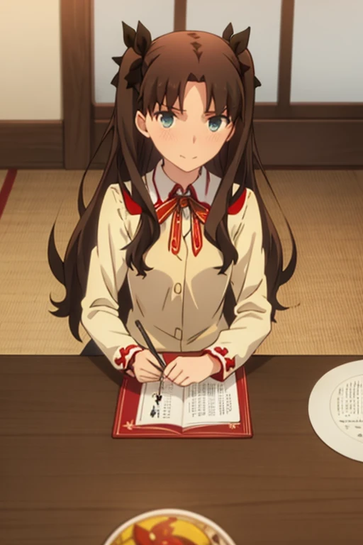 best quality, (masterpiece:1.2), highly detailed,
indoors,
tohsaka rin,
1girl, solo, sitting, looking at the viewer, closed mouth, slight smile, slight blush,
long hair, two side up, brown hair, blue eyes, hair ribbon,
homurahara academy school uniform