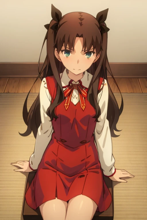 best quality, (masterpiece:1.2), highly detailed,
indoors,
tohsaka rin,
1girl, solo, sitting, looking at the viewer, closed mouth, slight smile, slight blush,
long hair, two side up, brown hair, blue eyes, hair ribbon,
homurahara academy school uniform