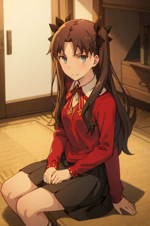 best quality, (masterpiece:1.2), highly detailed,
indoors,
tohsaka rin,
1girl, solo, sitting, looking at the viewer, closed mouth, slight smile, slight blush,
long hair, two side up, brown hair, blue eyes, hair ribbon,
homurahara academy school uniform