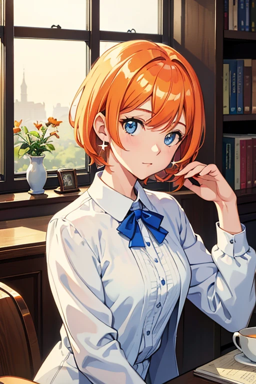 Best Quality, (masutepiece:1.2), Illustration, absurderes, (1girl in, Solo), (Beautiful detailed girl), ((Upper body, Portrait)),, Neck Macmillan, Short hair, Orange hair, Blue eyes, medium breasts, Blue Crystal Earrings, White jacket, , Cool, Calm, Looking at Viewer,, In an elegant bedroom, Night, window, drapes, Starry sky, apples, bookcase, Nightstand, vases, desk work,