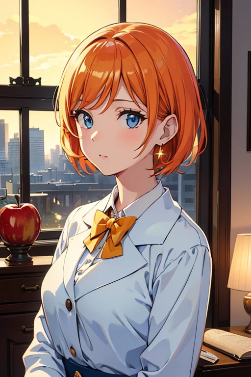 Best Quality, (masutepiece:1.2), Illustration, absurderes, (1girl in, Solo), (Beautiful detailed girl), ((Upper body, Portrait)),, Neck Macmillan, Short hair, Orange hair, Blue eyes, medium breasts, Blue Crystal Earrings, White jacket, , Cool, Calm, Looking at Viewer,, In an elegant bedroom, Night, window, drapes, Starry sky, apples, bookcase, Nightstand, vases, desk work,