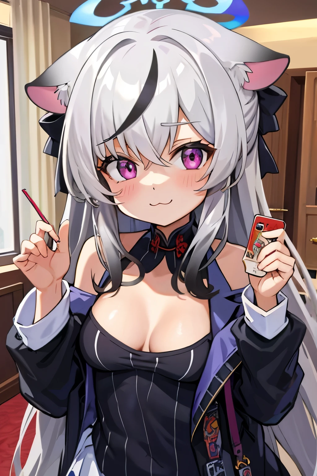 tmasterpiece, best qualtiy, ultra - detailed, 1girll,Gray hair Kokona, inside in room, Purple eye, :3,the face closeup cleavage, Christmas sweater, Christmas atmosphere