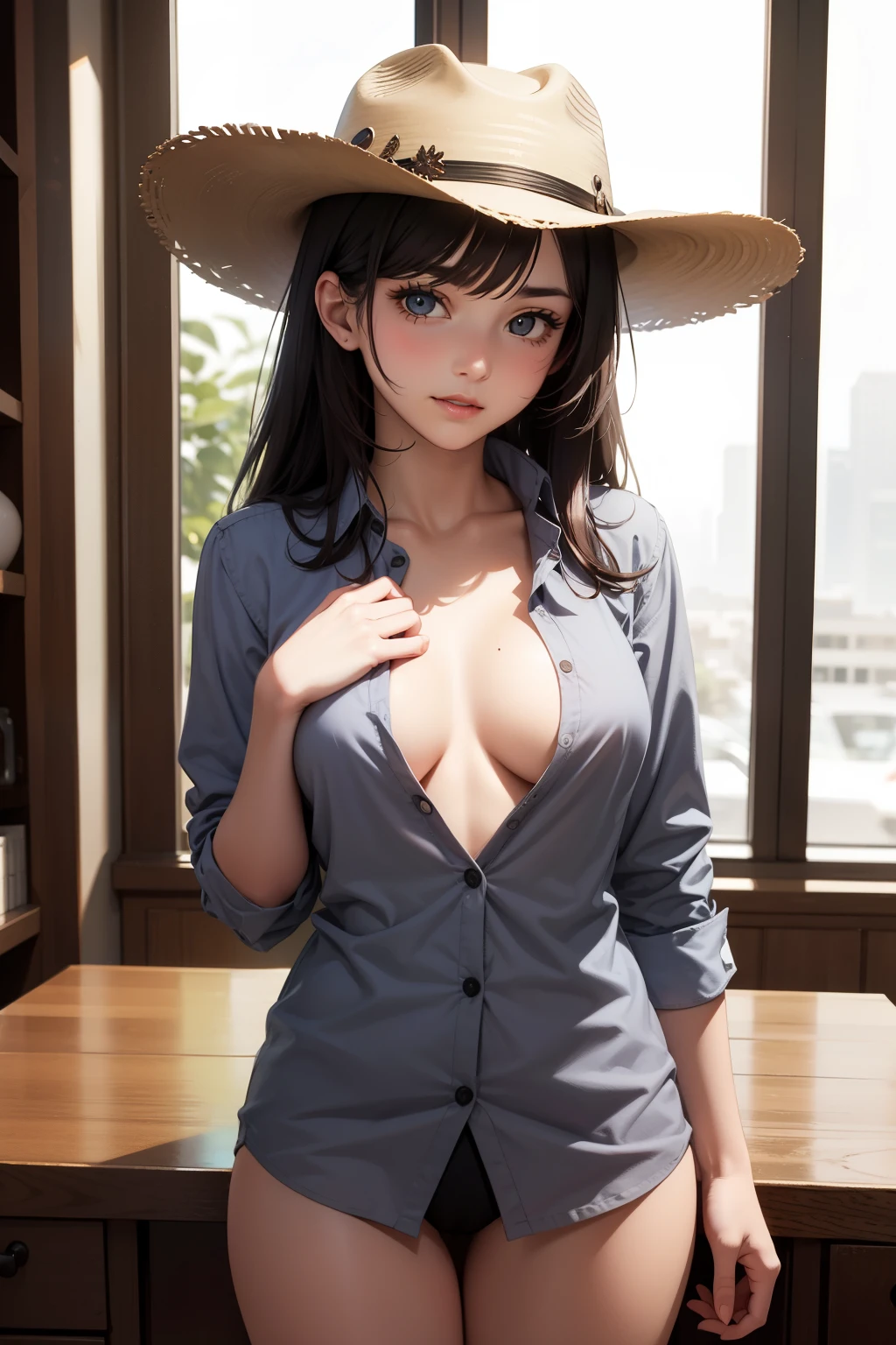 Cowgirl, gray shirt, open chest, gray cowboy hat, gray panty,