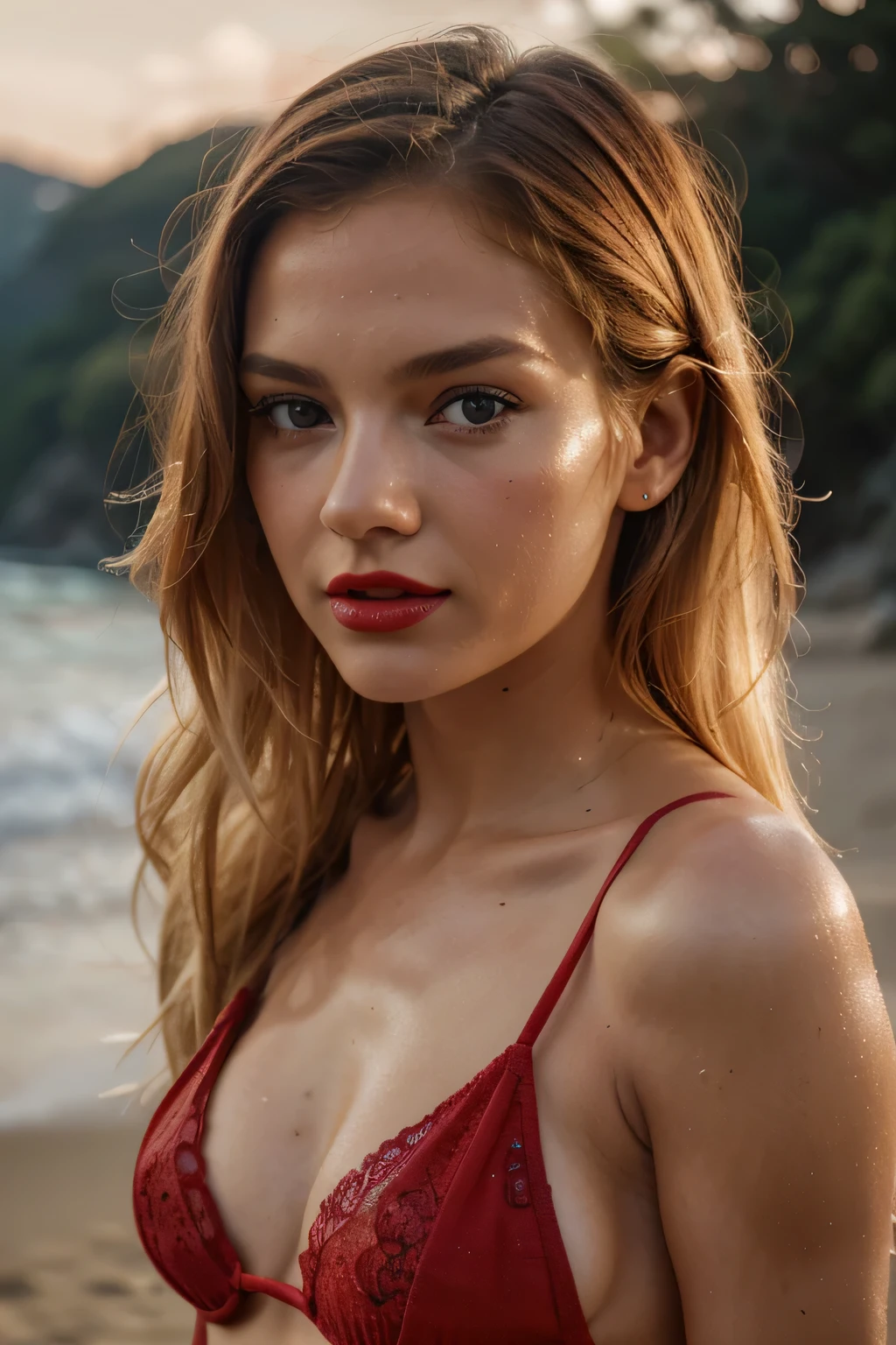 a picture taken from a distance in a beach beautiful photo of a 19 year model like blonde with mouth wide open , long nails in red color, looking at the camera , in a bathing suit , blood red lips , intricate, Exquisite details and textures, highly detailed, ultra detailed photograph, warm lighting, 4k, sharp focus, high resolution, detailed skin, detailed eyes, 8k uhd, dslr, high quality, film grain, Fujifilm XT3