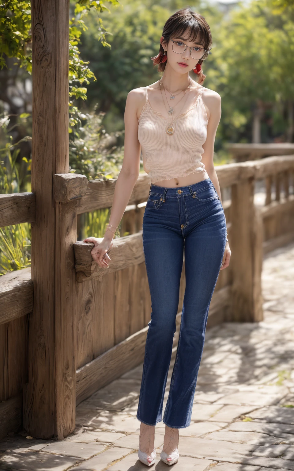 (8K, Masterpiece, RAW photo, Best quality, detail:1.3), (ultra realistic Natural background, scenary:1.5), Depth of field, Cinematic light, (ultra realistic face), (1 picture of 1 solo girl Airim Jones:1.6), 1girl, (Beautiful and elegant Russian girl), (skinny girl with glasses), (European face:1.3), (perfect complete full body:1.6), (full body shot including shoes:1.6), (perfect [frontal view|side profile|back profile]:1.5), (small necklace, collarbone:1.1), ( [bangs|pigtails|bob|pixie] hair:1.5), (ultra detailed skin:1.4), (sexy red minitop:1.5), (soft fabric miniTop:1.5), (Frayed Hem Jeans:1.7), (perfect standing pose:1.5), (perfect long legs:1.4), (low rise jeans:1.5), (low waisted jeans:1.5), (perfect shoes:1.5)