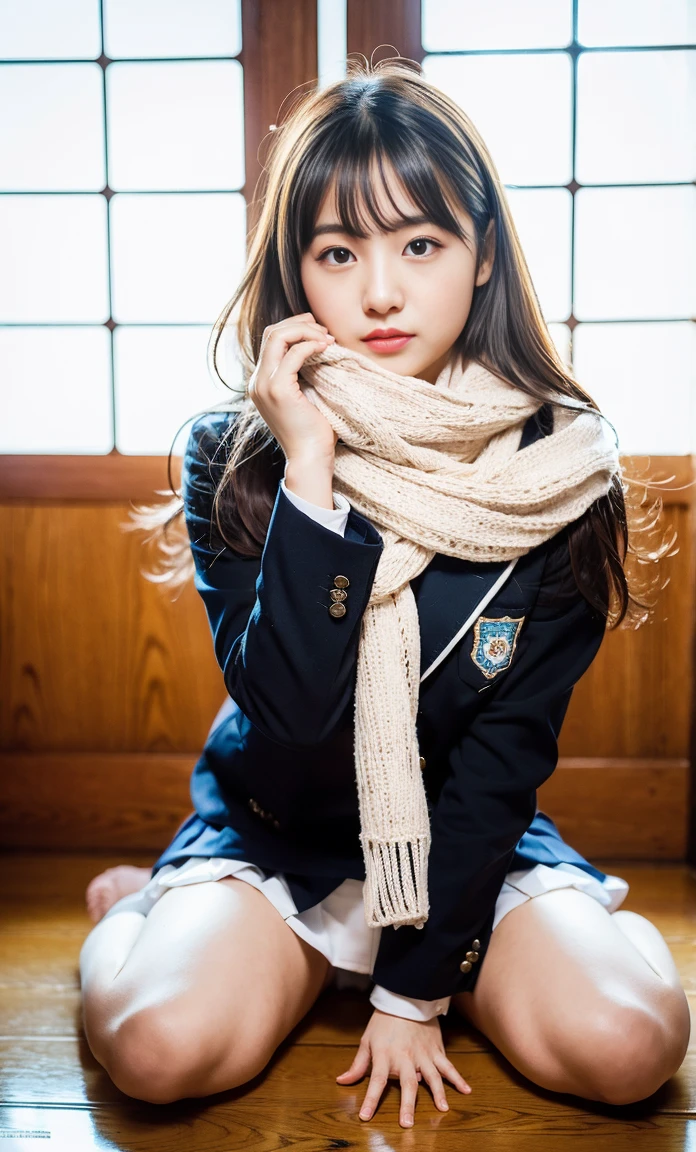 ulzzang -6500-v1.1, (Raw foto:1.2), (Photorealsitic:1.4), a beautiful detailed girl, ighly detailedな目と顔, beatiful detailed eyes, Ridiculous, unbelievable Ridiculous, huge filesize, ultra-detailliert, hight resolution, ighly detailed, top-quality, masterpiece, Kemomimi, ((Bury your face in a white scarf)), (((Japan schoolgirl uniform))), illustratio, ighly detailed, nffsw, unification, 8k wallpaper, astonishing, finely detail, masterpiece, top-quality, Highly detailed ticker uniform 8K wallpaper, face lights、Cinematographic lighting、1girl in、、(witheout panties)、((dynamicposes)))、(camel's toe)、(half)、(Crooked knees and legs sitting))