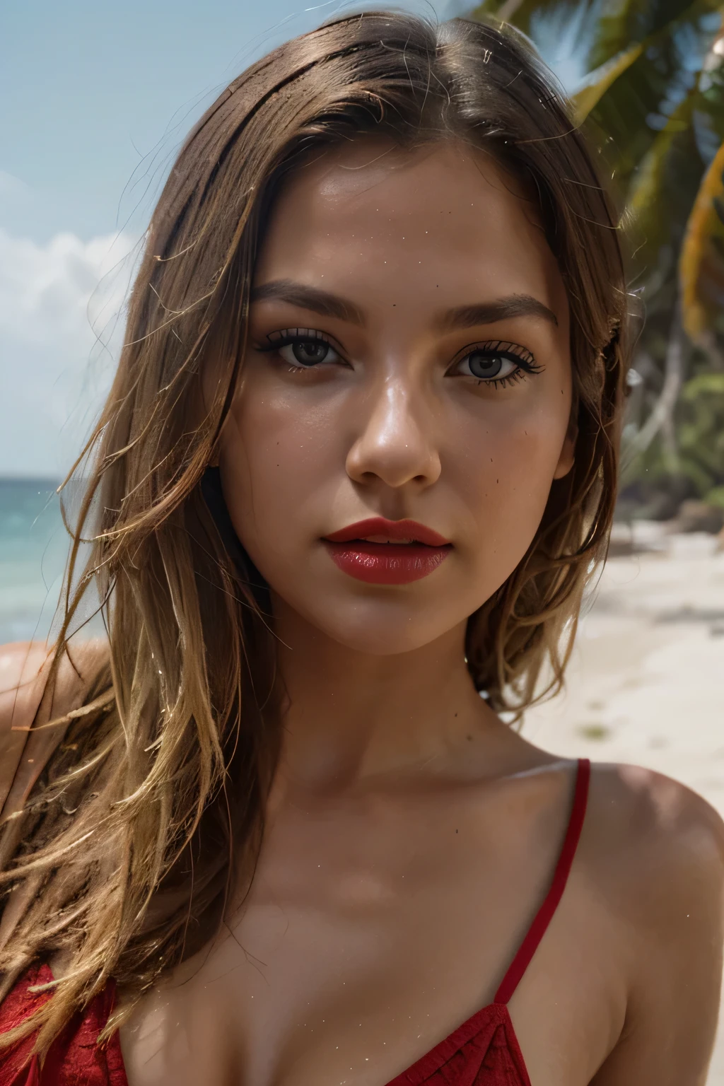 a picture taken from a distance in a beach beautiful photo of a 19 year model like blonde with mouth wide open , long nails in red color, looking at the camera , in a bathing suit , blood red lips , intricate, Exquisite details and textures, highly detailed, ultra detailed photograph, warm lighting, 4k, sharp focus, high resolution, detailed skin, detailed eyes, 8k uhd, dslr, high quality, film grain, Fujifilm XT3